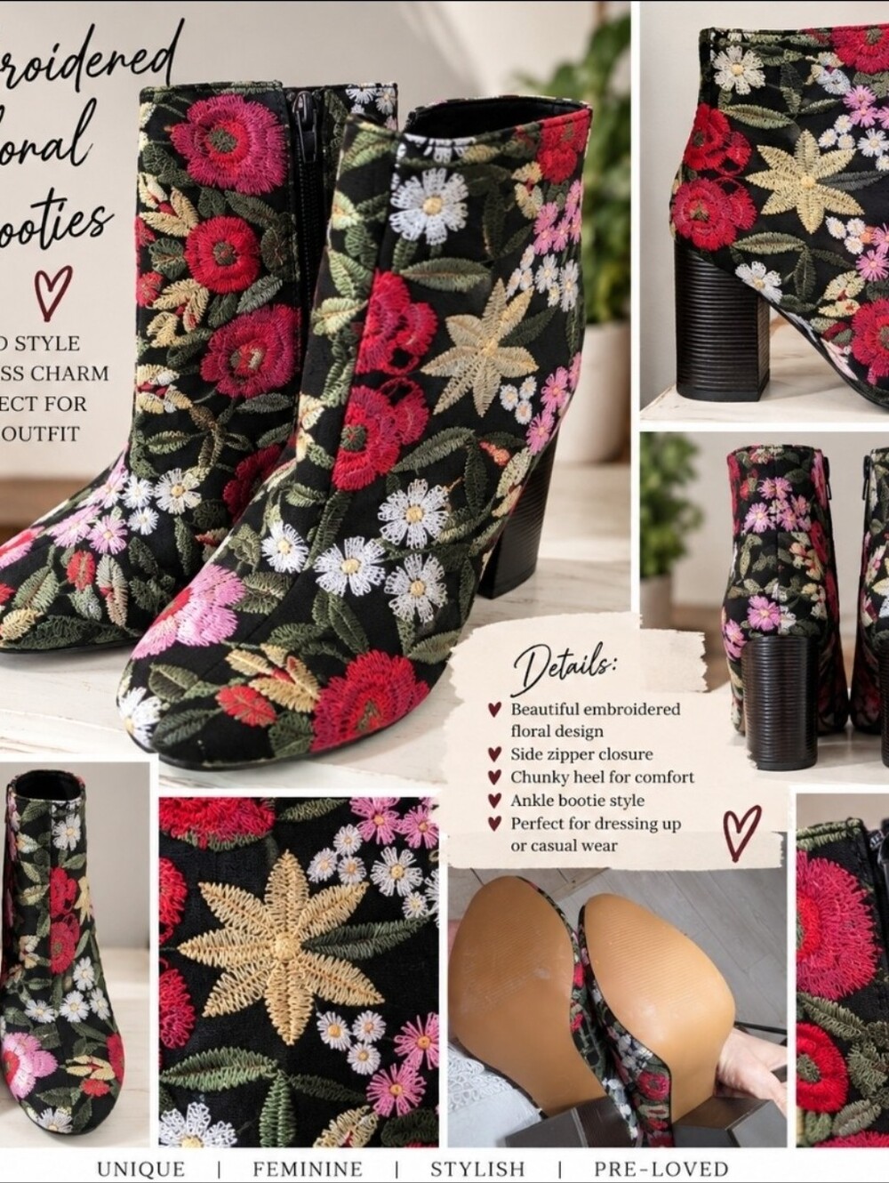 Embroidered Floral Ankle Booties - Black with Pink & Red Flowers